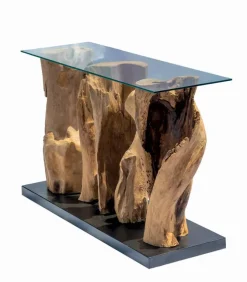 Console teck avec plateau en verre