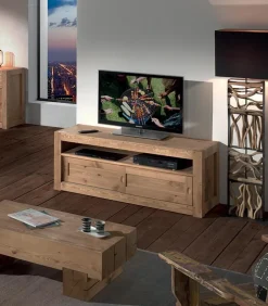 Meuble TV pin massif ciré 2 portes MOVING