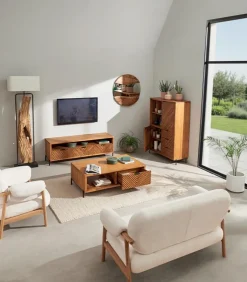 Meuble TV teck massif CROXTON 3 tiroirs