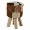 Pouf teck et peau naturelle AMIRA