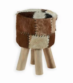 Pouf teck et peau naturelle AMIRA