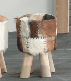 Pouf teck et peau naturelle AMIRA