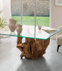 Table basse teck massif SUBARA plateau en verre