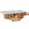 Table basse teck racine ROOTS avec plateau de verre