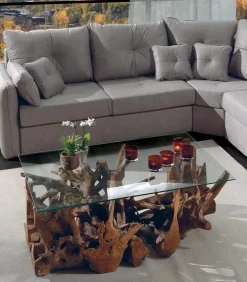 Table basse teck racine ROOTS avec plateau de verre